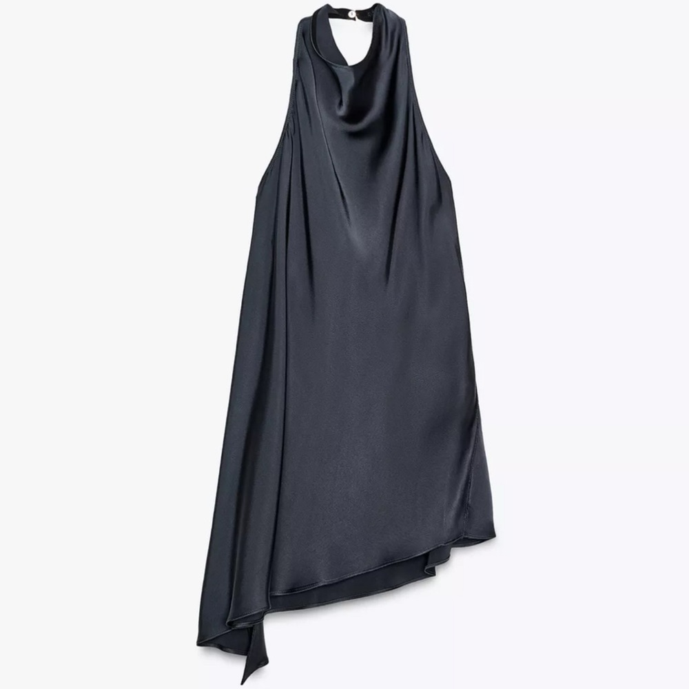 Navy Satin Halter Top with Asymmetrical Hem - Part of a Set